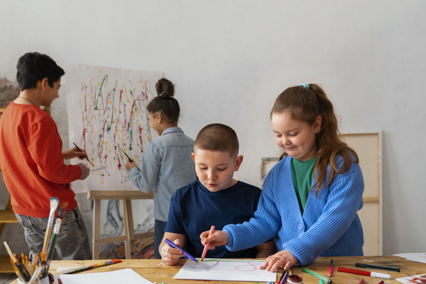 educação em tempo integral alunos em atividade extracurricular de pintura