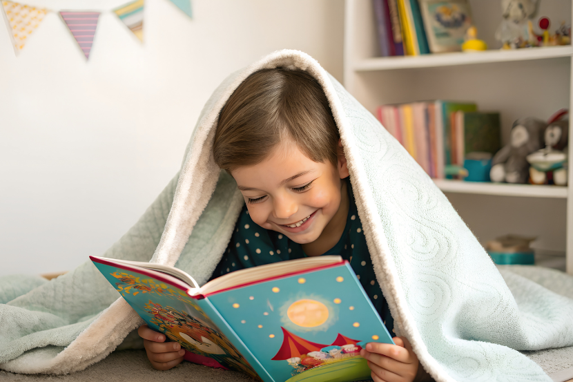 biblioteca infantil menino lendo e se divertindo no seu quarto