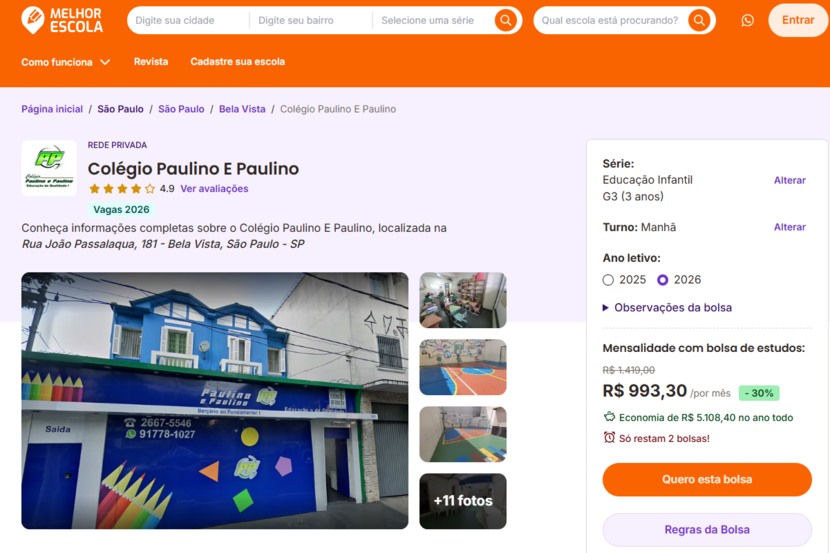 página do Colégio Paulino e Paulino no site da ME