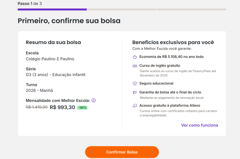 página de confirmação de compra da bolsa da ME