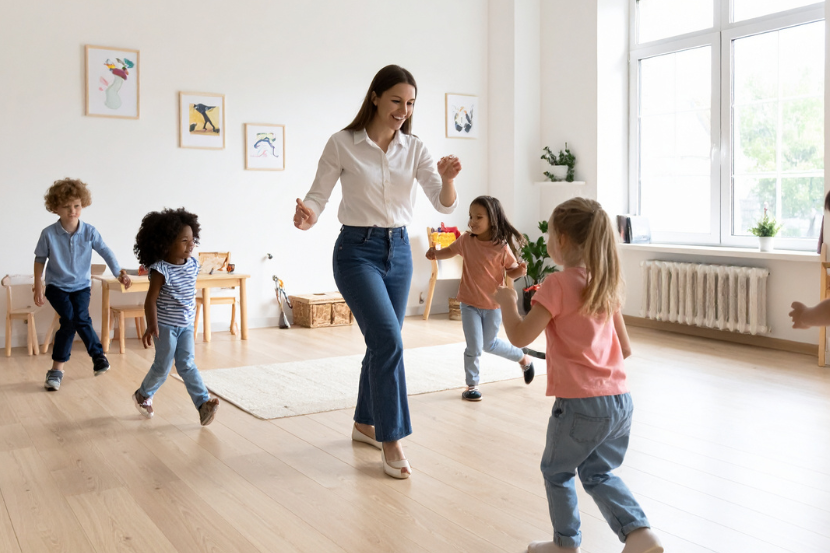 professora realizando atividades com crianças na creche