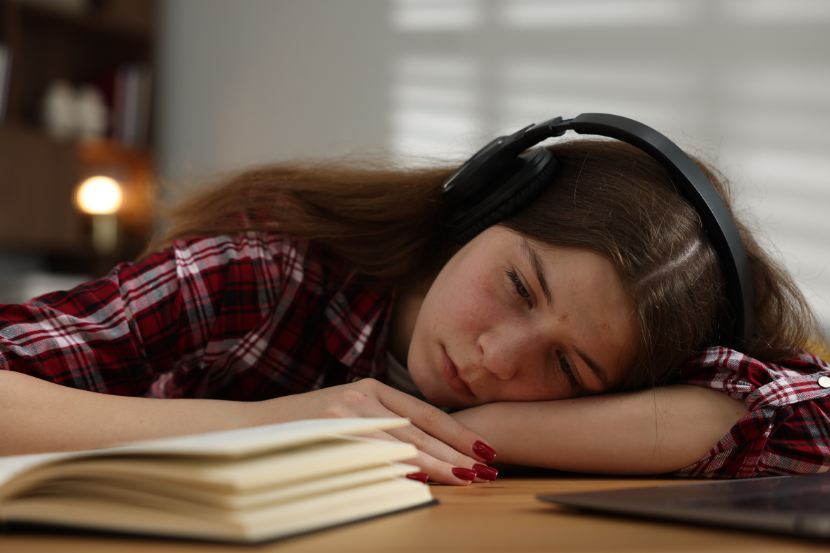 adolescente cansada em cima dos livros