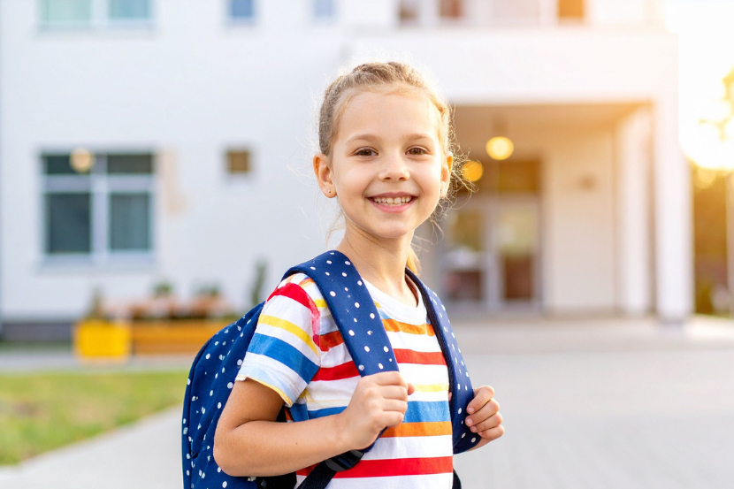 criança feliz indo pra escola