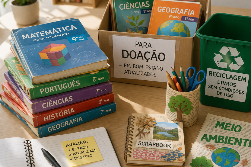 livros didáticos usados separados para doação e reciclagem