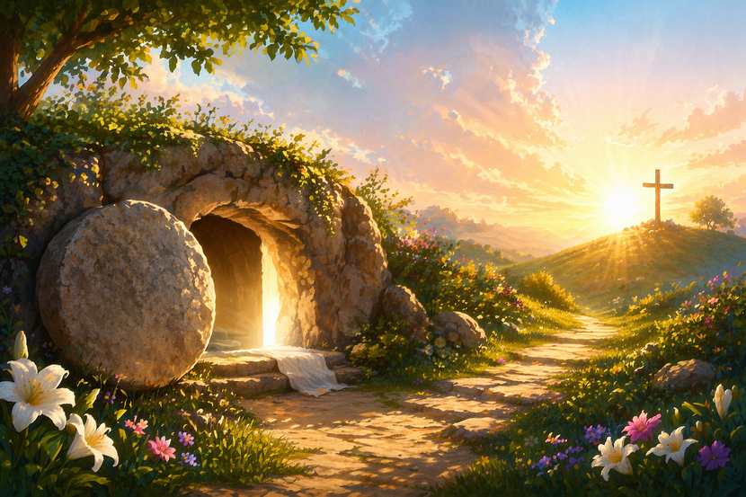 desenho representando a páscoa para os cristãos com elementos como a cruz e o sepulcro vazio