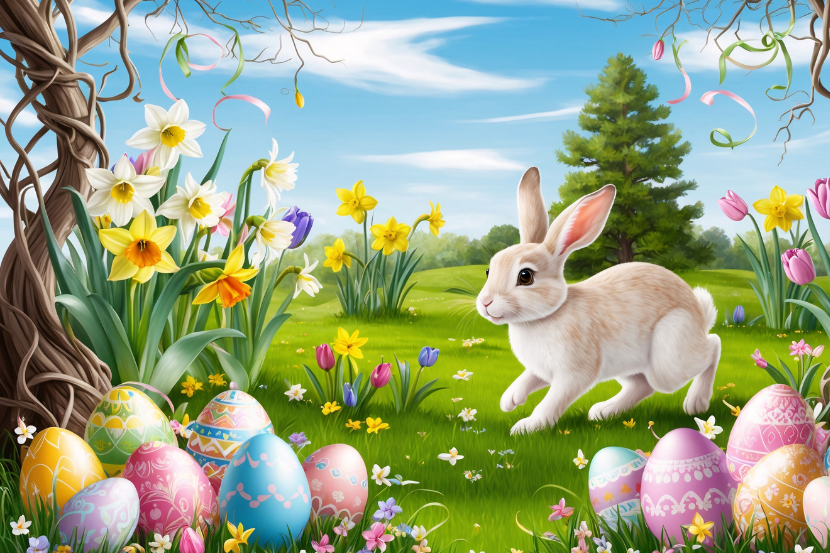 desenho que traz símbolos da páscoa como o coelho e os ovos