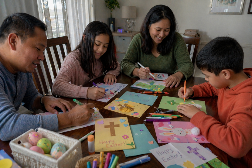 mensagem de páscoa 2026 para imprimir família fazendo cartões de páscoa juntos