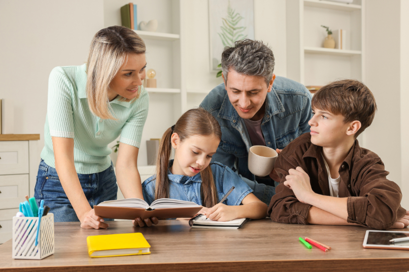 pais e filhos com material escolar