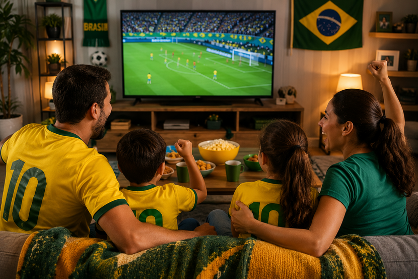 família assistindo ao jogo da copa juntos