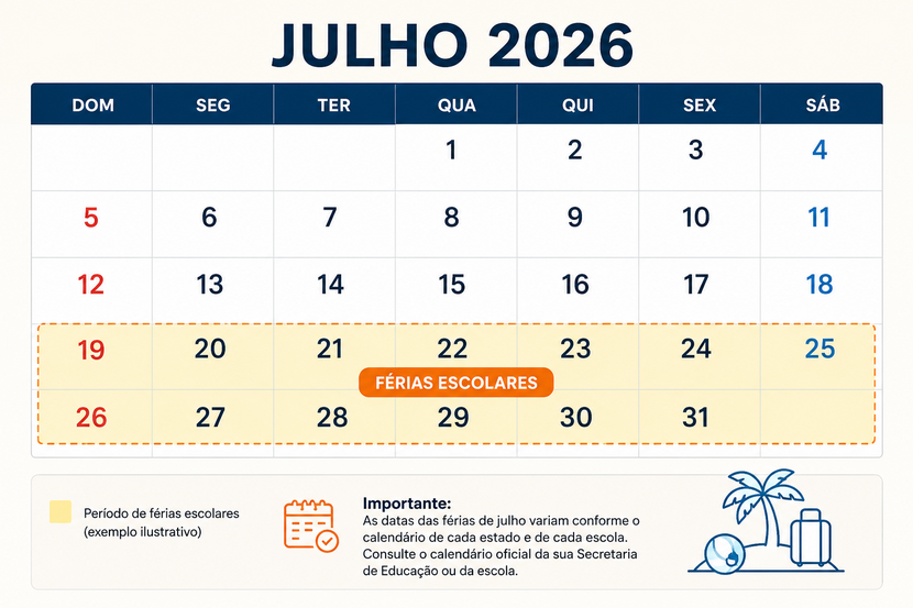 férias escolares de julho imagem ilustrativa do calendário de julho de 2026 com período de férias em destaque