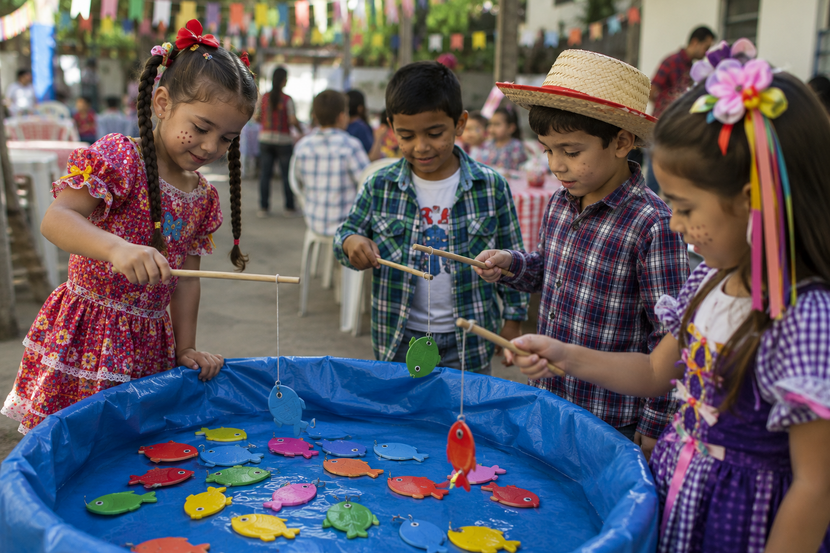 crianças fantasiadas brincando de pescaria durante festa junina na escola