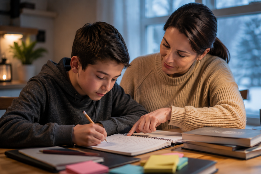 mãe ajudando filho nos estudos em ambiente adequado em dia frio