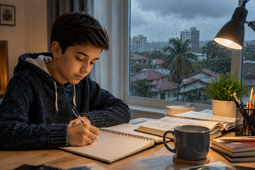 menino estudando em ambiente confortável em dia chuvoso e frio