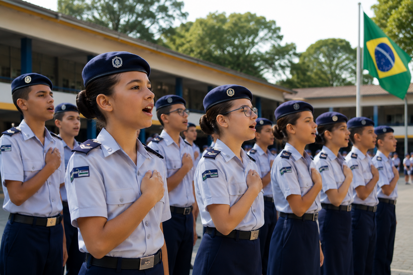 escola militar alunos fardados e enfileirados cantando o hino nacional em uma escola militar
