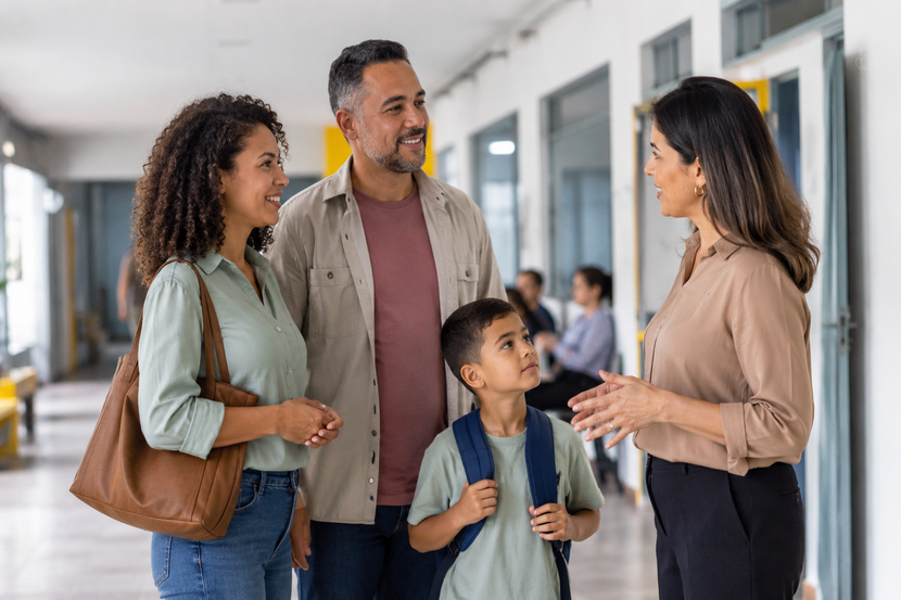 escola laica Família conversa com coordenadora durante visita a uma escola particular.