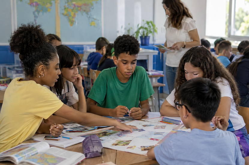 escola laica Estudantes participam de atividade colaborativa em sala de aula diversa.