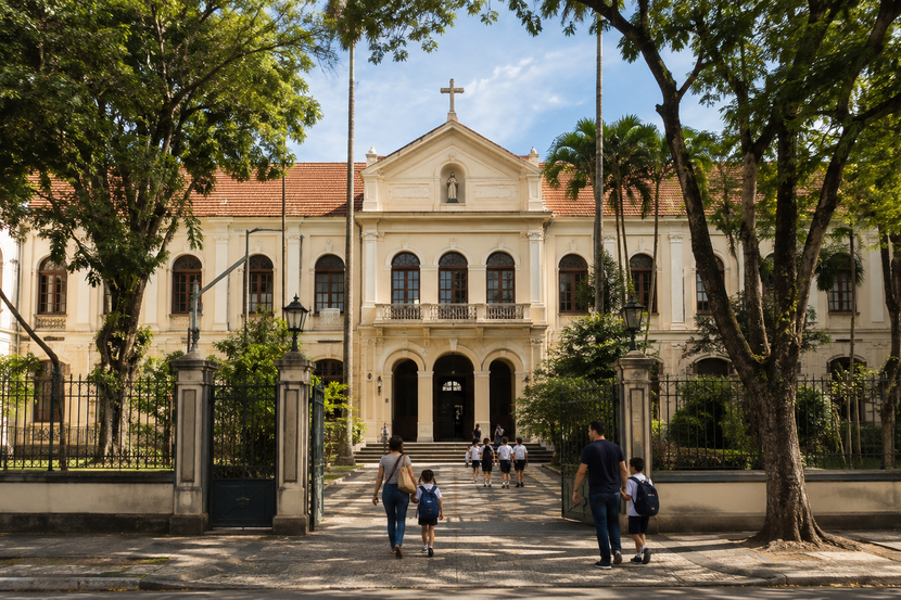 escola confessional Fachada de uma escola confessional tradicional com estudantes e responsáveis na entrada