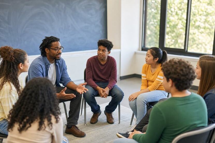 alunos do fundamental 2 em roda de conversa com professor 
