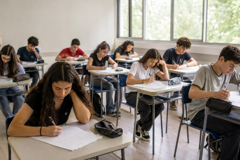 alunos em sala de aula fazendo prova do Enem