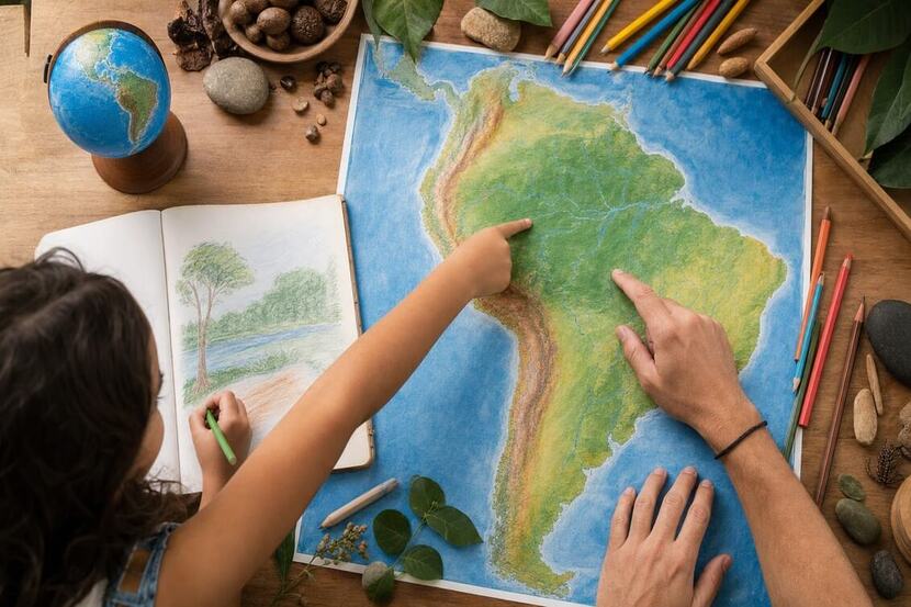 filmes sobre a Amazônia para crianças Criança desenha e observa um mapa da Amazônia com um adulto