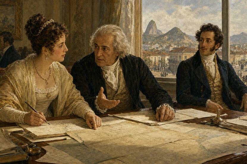 independência do Brasil para crianças Maria Leopoldina, José Bonifácio e Dom Pedro I aparecem em uma cena de articulação política pela Independência