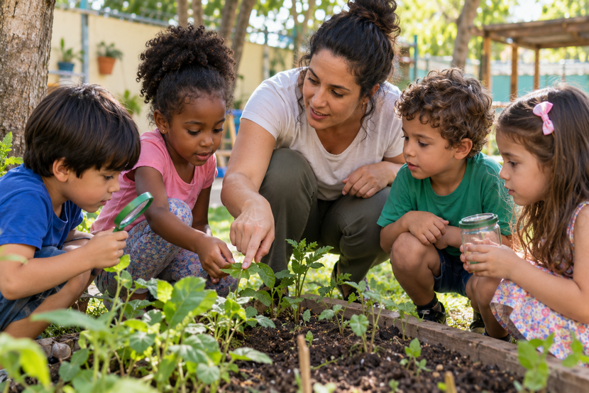 metodologias ativas na escola Crianças exploram plantas com a orientação da professora em atividade de aprendizagem ativa
