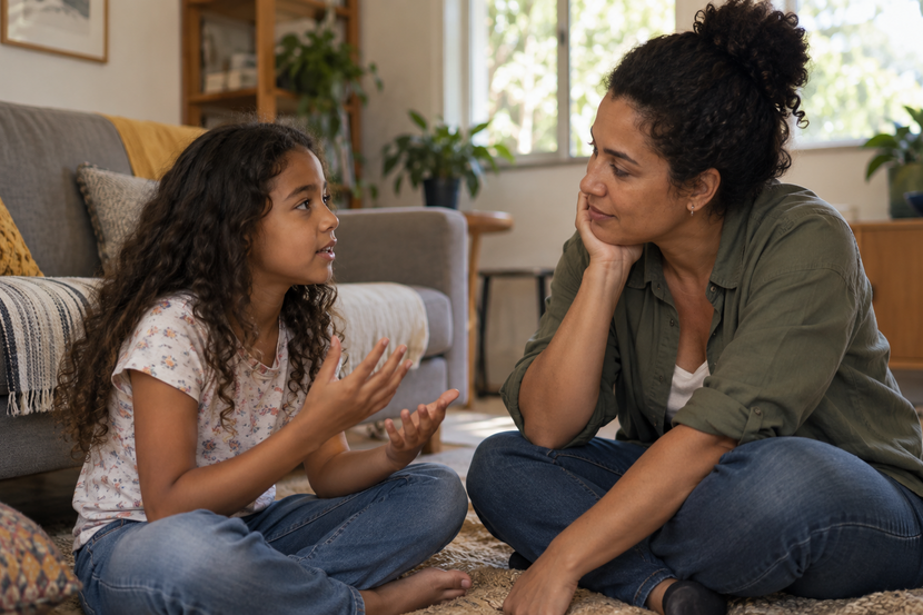 Mãe escuta a filha durante uma conversa sobre sentimentos e educação socioemocional em casa
