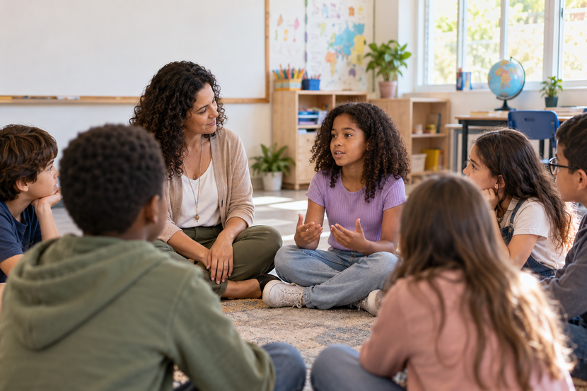 Professora e estudantes em roda de conversa durante atividade de educação socioemocional na escola.