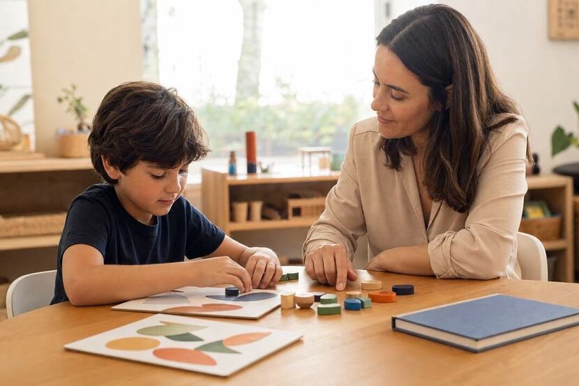 idade certa para alfabetização Criança recebe apoio individualizado durante uma atividade de alfabetização