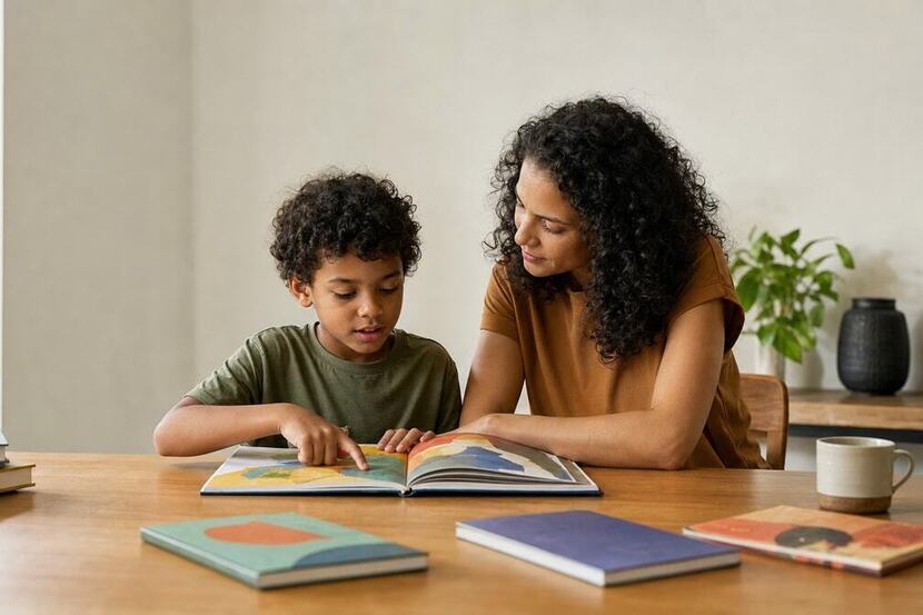 idade certa para alfabetização Criança explorando um livro com o acompanhamento de um responsável em casa