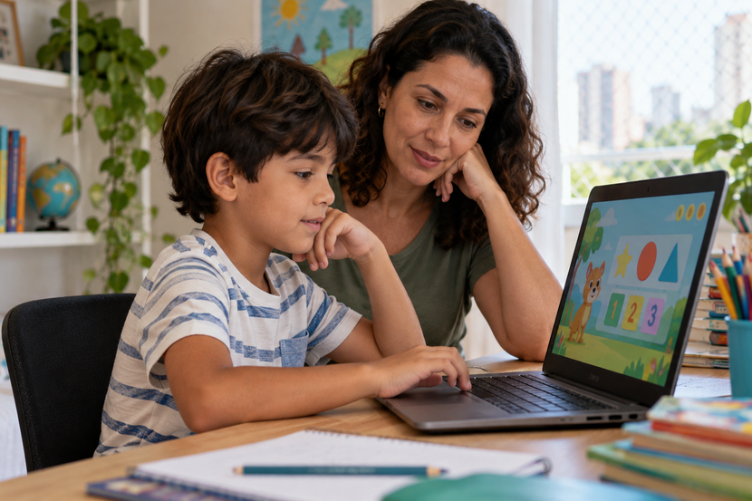 Escola Games Criança utiliza jogo educativo em um notebook com o acompanhamento da mãe em casa