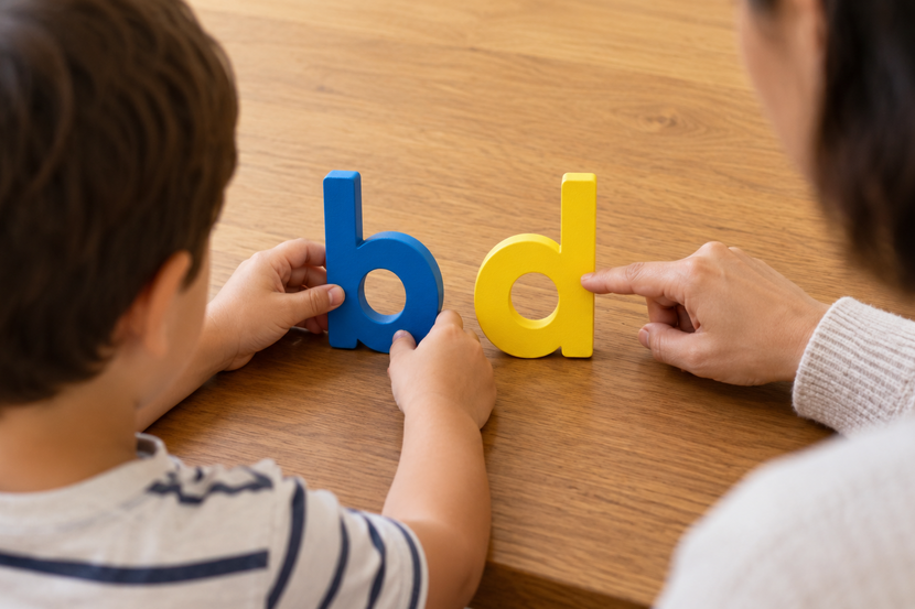 criança escreve letras espelhadas Criança compara letras móveis b e d durante atividade de alfabetização