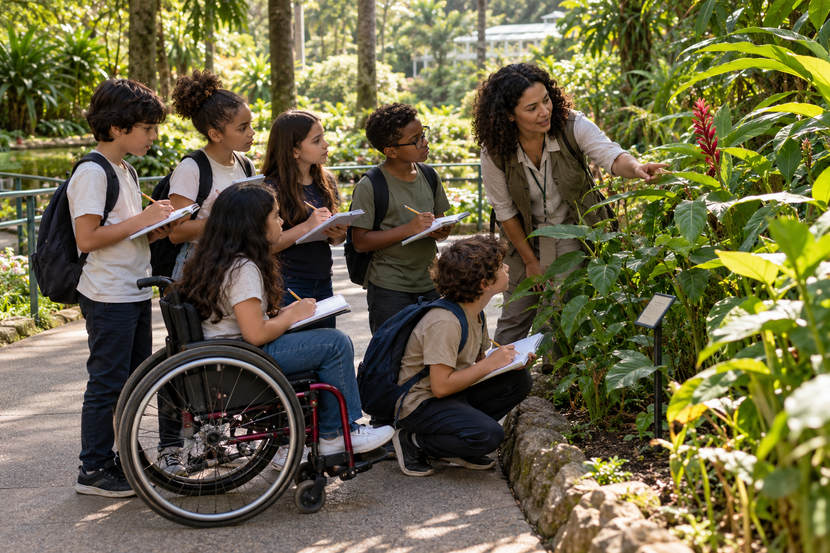 passeio escolar Grupo diverso de estudantes participa de estudo do meio acessível em jardim botânico